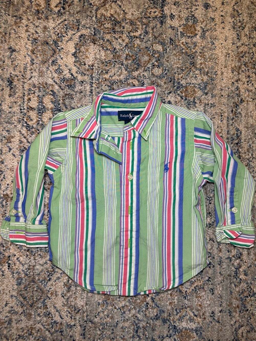 Ralph Lauren Boys Striped Long Sleeve Button Down Shirt Size 12M Green Blue Pink
